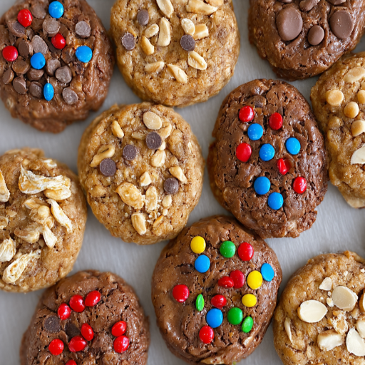Assorted no-bake cookies topped with chocolate chips, colorful candy-coated chocolates, peanuts, and oats arranged on a white surface.