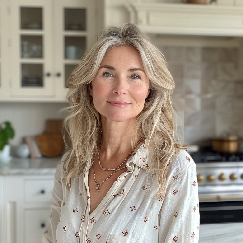Elegant middle-aged woman with long blonde hair and a soft smile, wearing a patterned blouse, standing in a bright, modern kitchen.