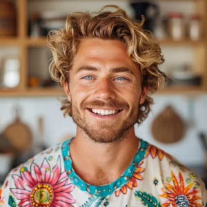 Smiling young man with wavy blond hair and blue eyes wearing a colorful floral shirt, standing in a modern kitchen.