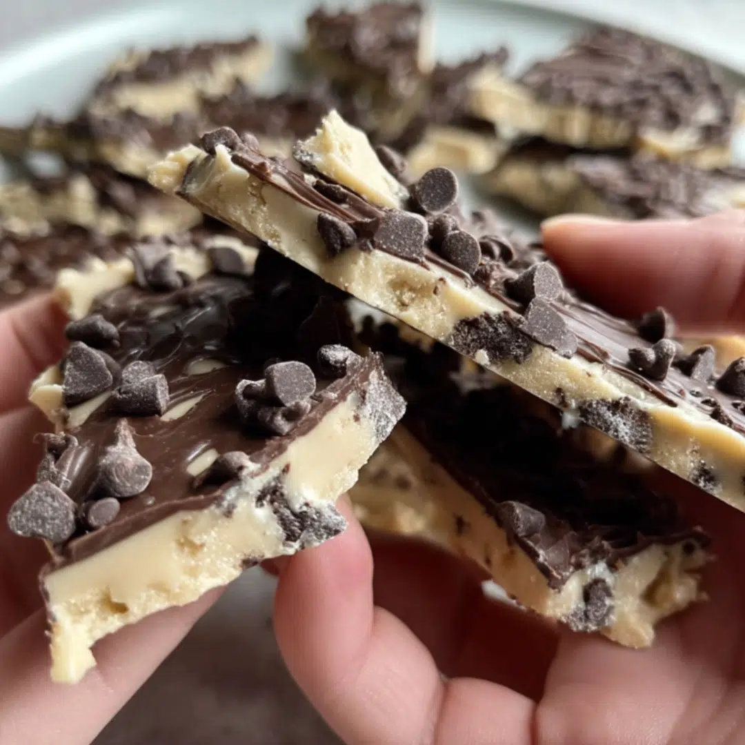 Hands holding a broken piece of chocolate-covered cookie dough bark showing the creamy center and chocolate chips