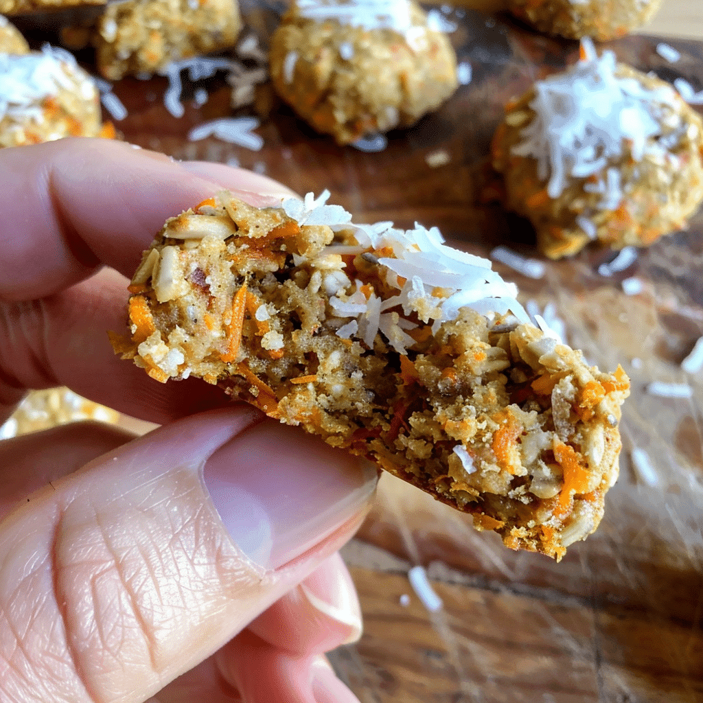 Hand holding a half-eaten no-bake carrot cake cookie with visible oats, carrots, and coconut