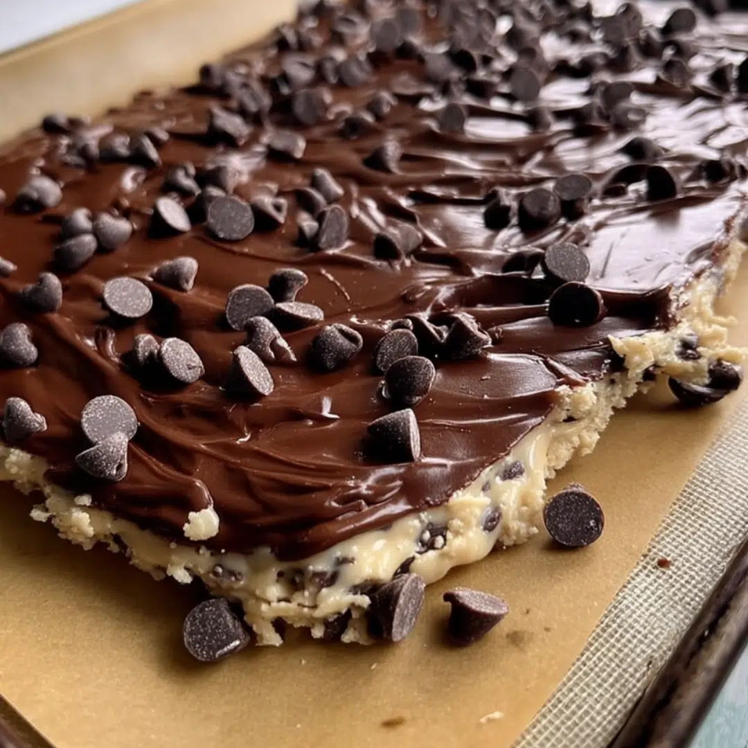 Sheet of cookie dough bark topped with melted chocolate and mini chocolate chips on a baking mat