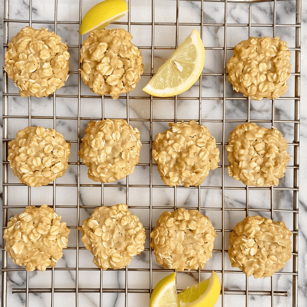Top-down view of Lemon Oatmeal No Bake Cookies on cooling rack with lemon wedges