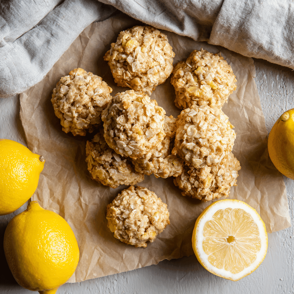 Lemon oatmeal no bake cookies on parchment with lemon