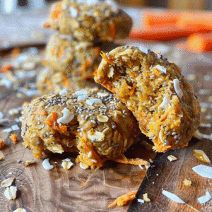 Close-up of no-bake carrot cake cookies with shredded carrots, oats, and coconut on wooden board