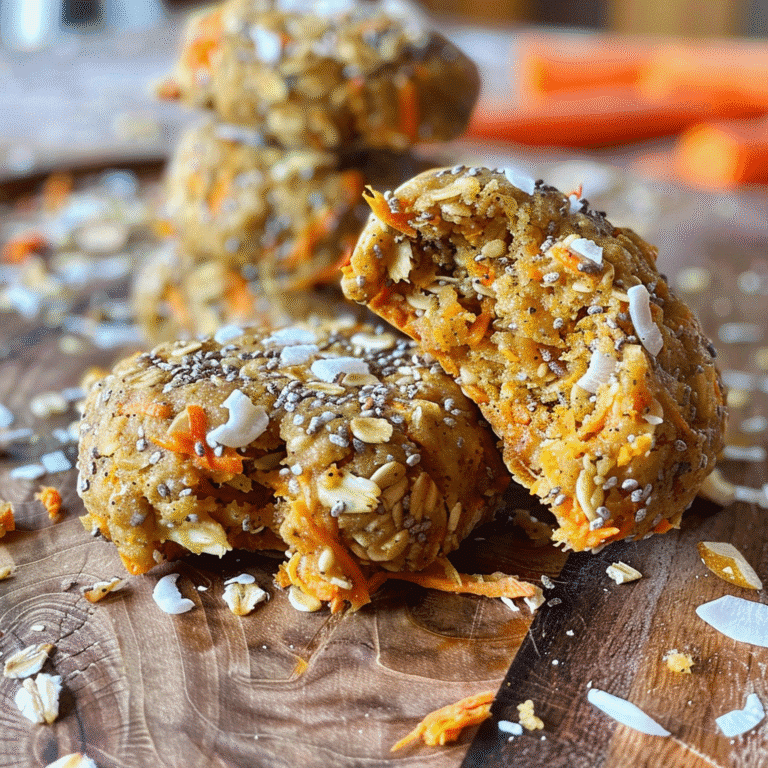 Close-up of no-bake carrot cake cookies with shredded carrots, oats, and coconut on wooden board