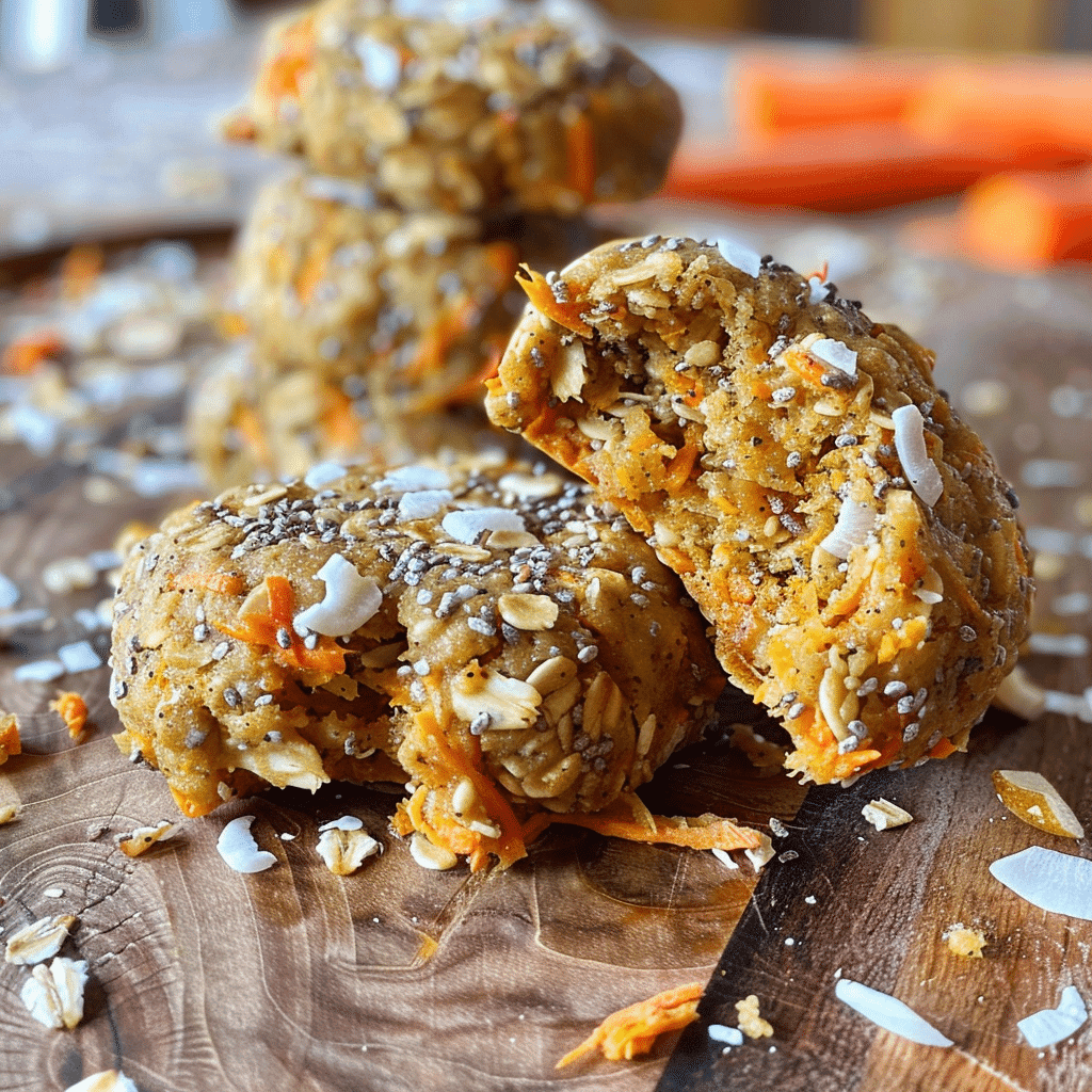 Close-up of no-bake carrot cake cookies with shredded carrots, oats, and coconut on wooden board