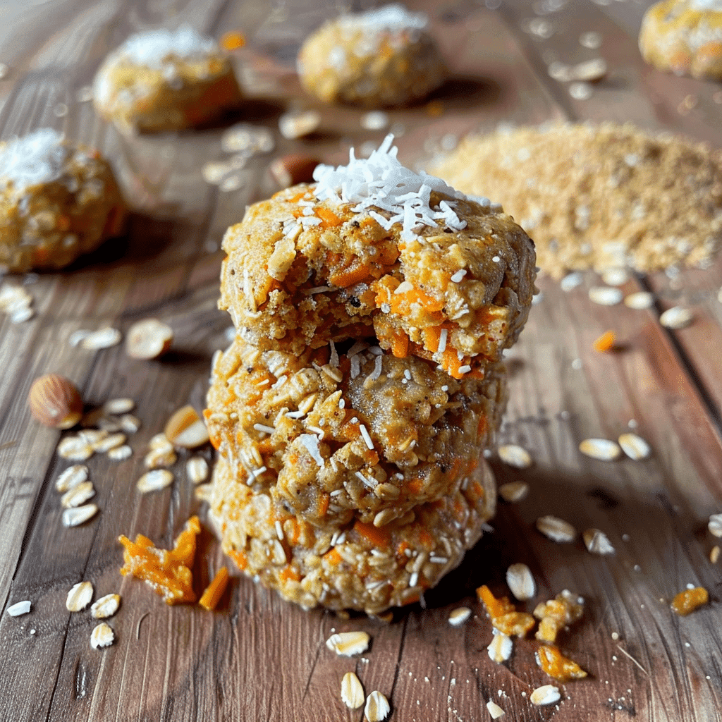 Stack of no-bake carrot cake cookies with visible chia seeds and coconut flakes on rustic wooden board
