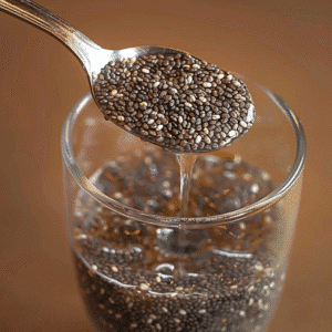chia seed water recipe in a spoon over a glass – healthy hydrating superfood drink