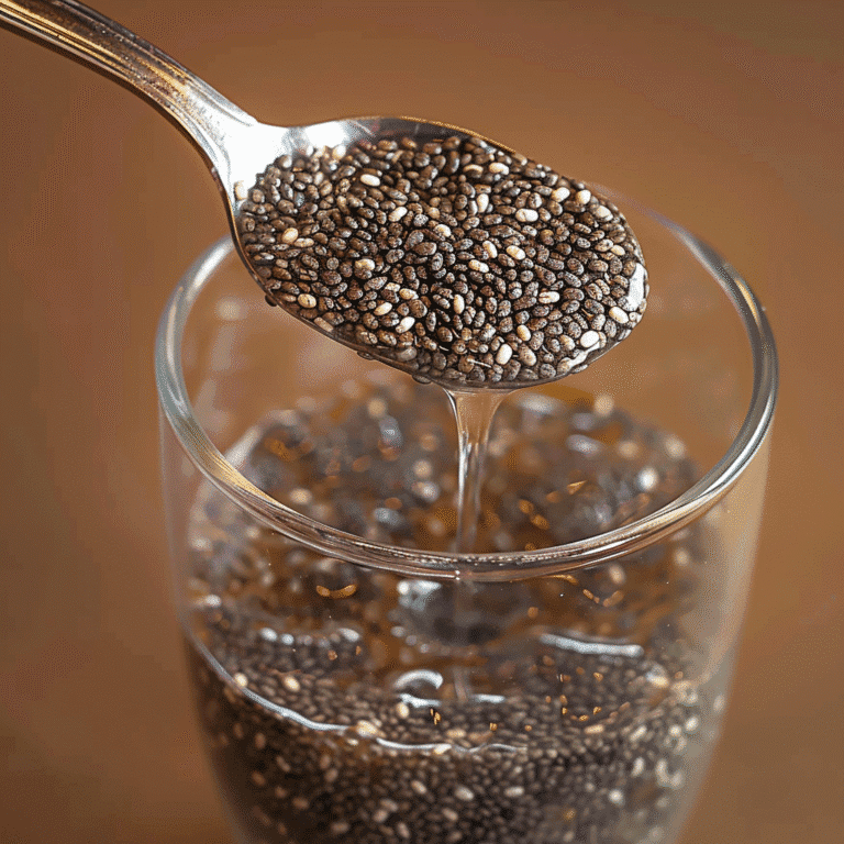 chia seed water recipe in a spoon over a glass – healthy hydrating superfood drink