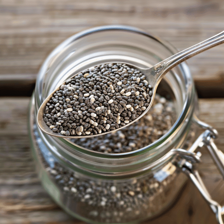 Close-up of raw chia seeds in a spoon over a glass jar – unsoaked superfood ready for use