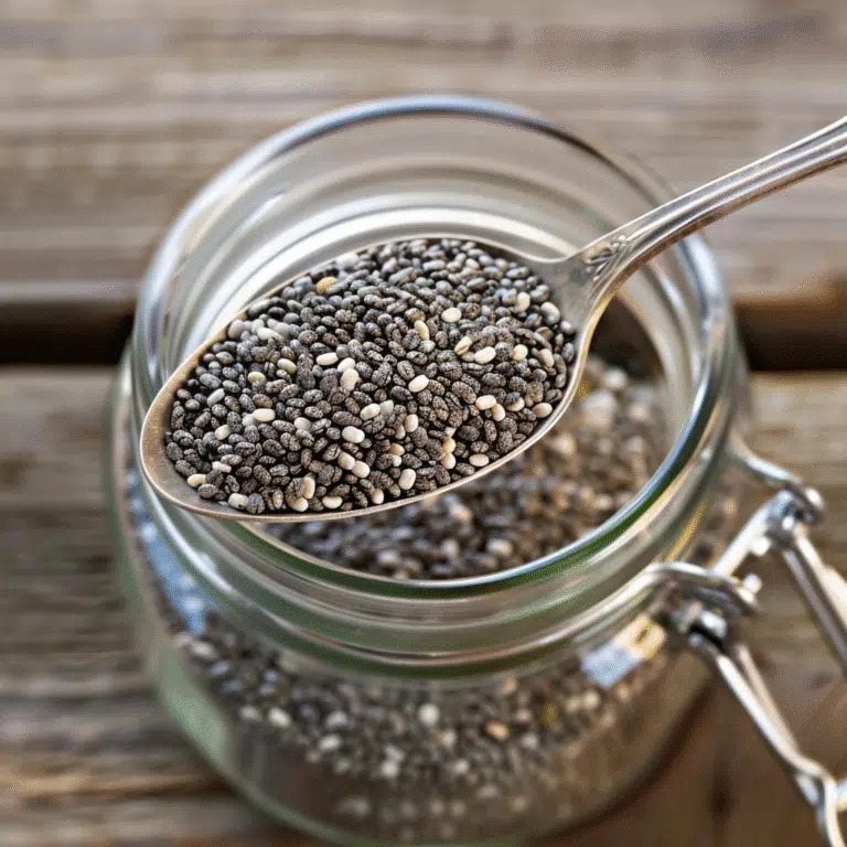 Close-up of raw chia seeds in a spoon over a glass jar – unsoaked superfood ready for use