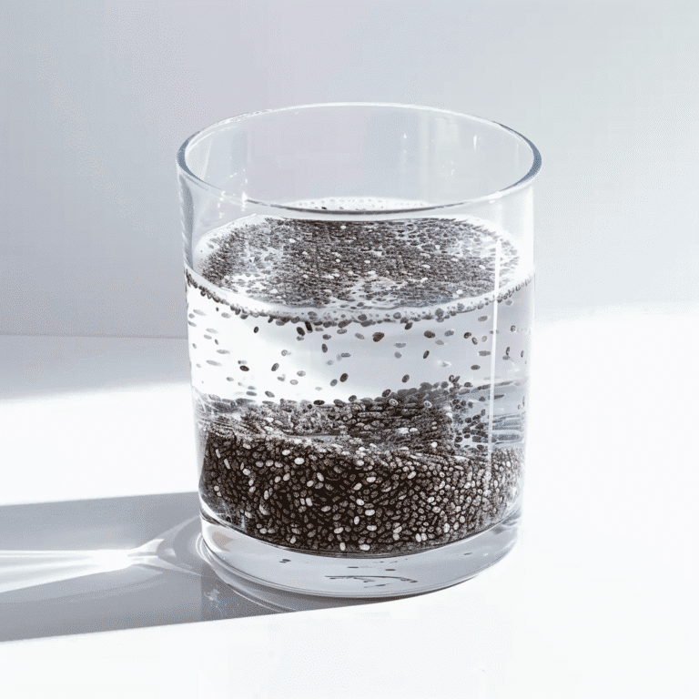 Chia seeds soaking and forming gel layers in clear water – hydrating superfood in progress