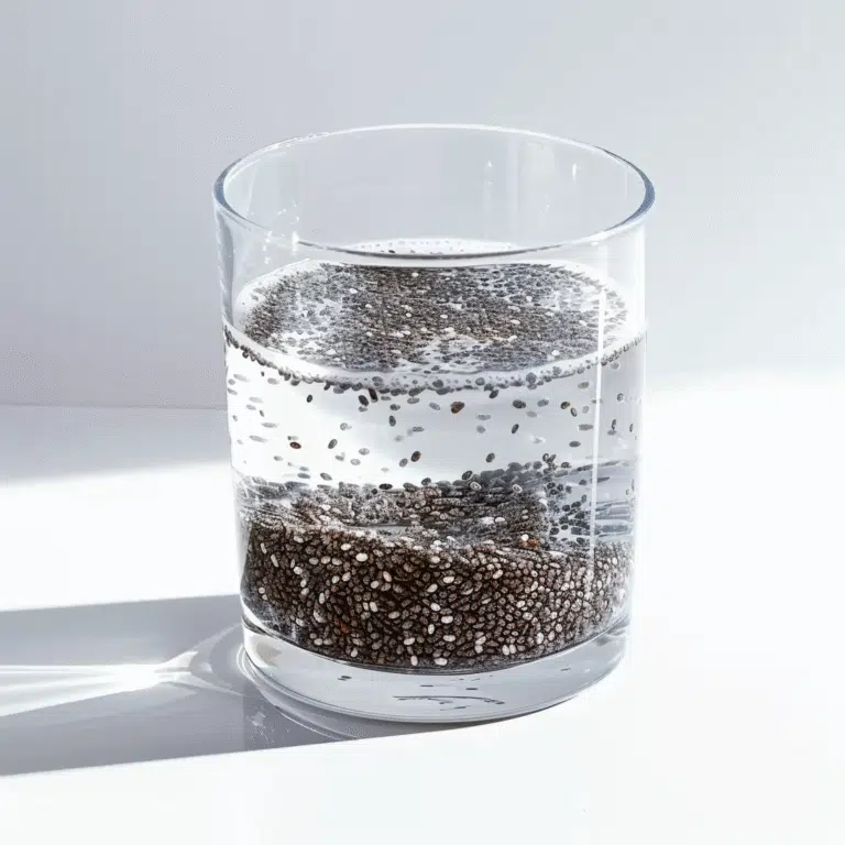 Chia seeds soaking and forming gel layers in clear water – hydrating superfood in progress