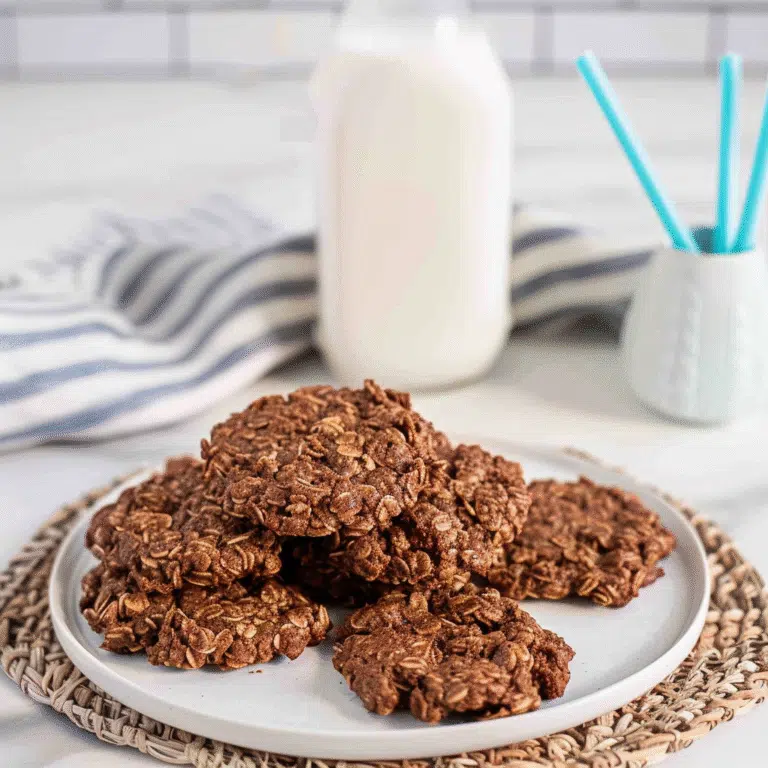 Stack of Chocolate Peanut Butter No-Bake Cookies on a white plate with a glass bottle of milk in the background