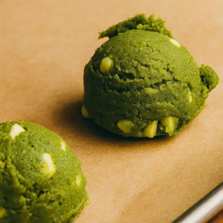 closeup-matcha-white-chocolate-cookie-dough-balls Close-up of vibrant green Matcha White Chocolate Cookie dough balls with white chocolate chunks on parchment paper.