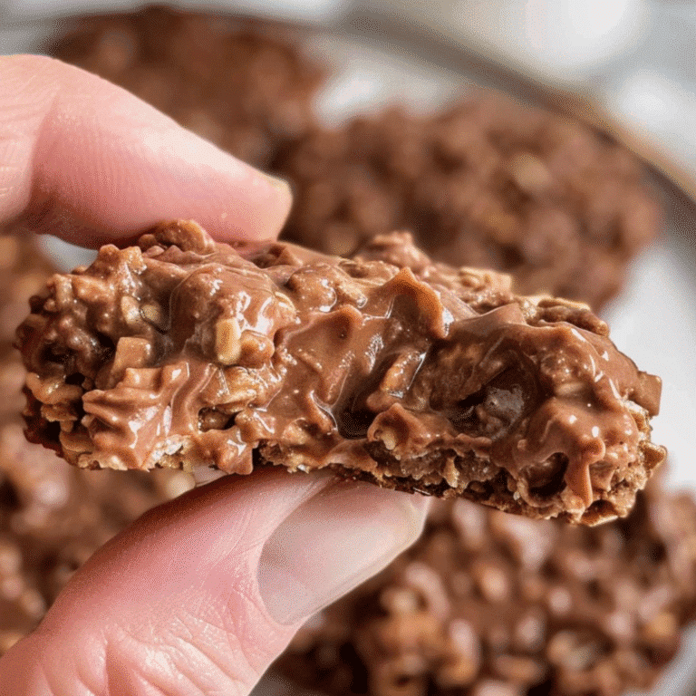 Hand holding a chocolate peanut butter no-bake cookie with a bite taken out, close-up view