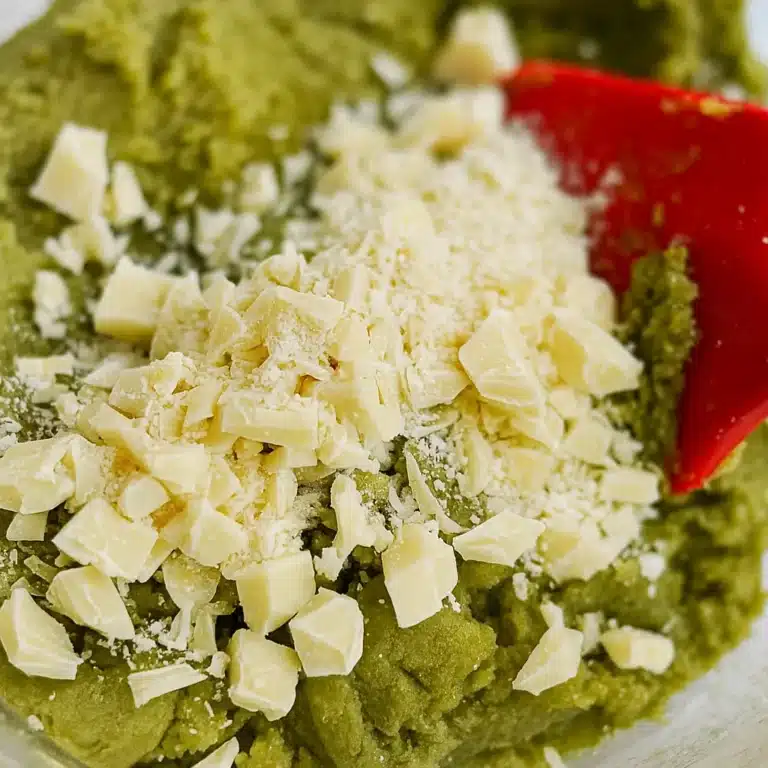 matcha-white-chocolate-cookie-dough-mixing-bowl Matcha White Chocolate Cookie dough being mixed with white chocolate chunks and a red spatula in a glass bowl.