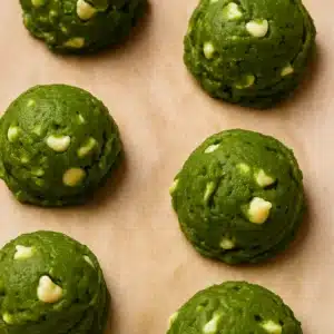Matcha White Chocolate Cookies: Quick, No-Bake & Seriously Addictive 1 Matcha White Chocolate Cookies dough balls arranged on a parchment-lined baking sheet.