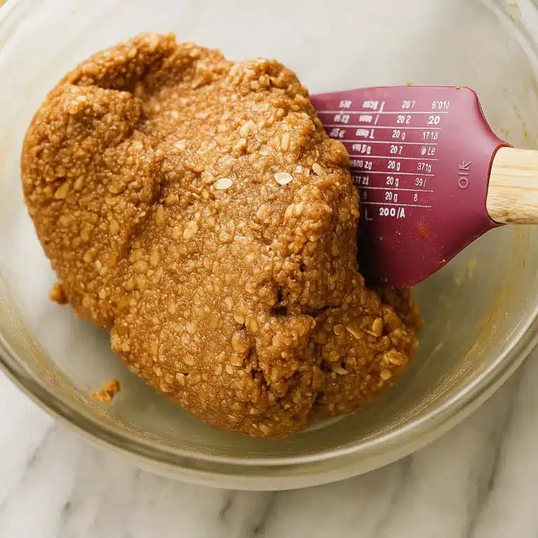 no-bake-oatmeal-cookie-dough-in-bowl Oatmeal cookie dough mixed with peanut butter and maple syrup in a glass bowl
