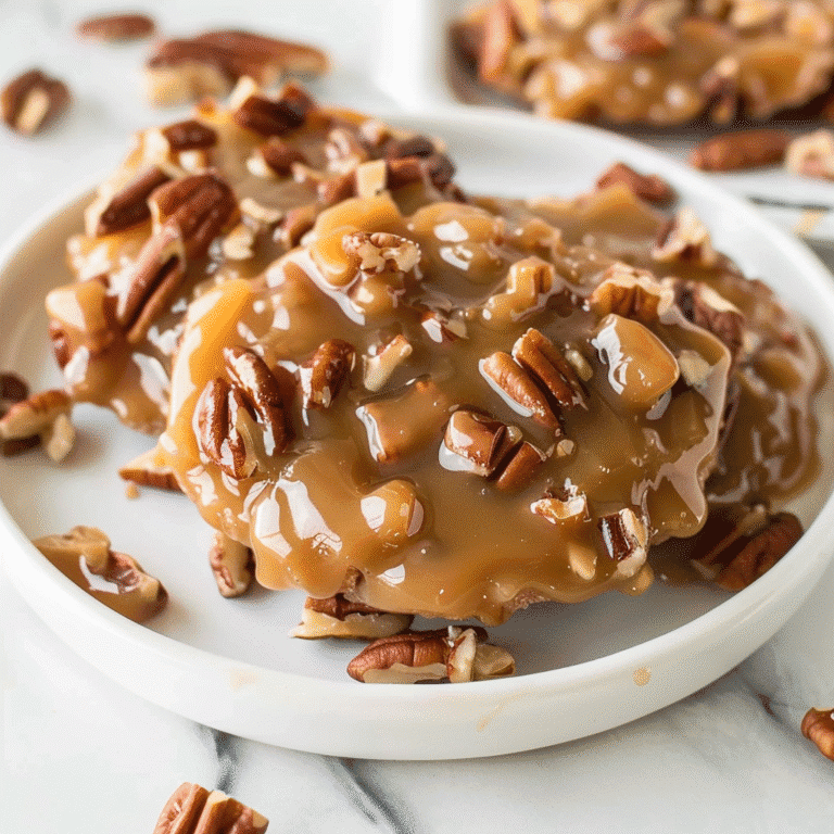 No Bake Praline Pecan Cookies served on stacked white plates with caramel glaze