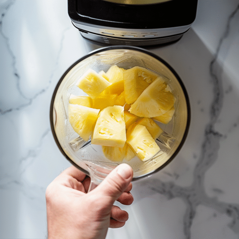 Preparing pineapple coconut mocktail with lime and ice in a blender