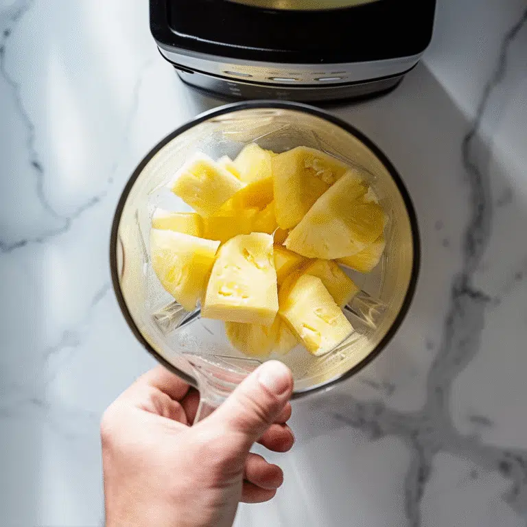 Preparing pineapple coconut mocktail with lime and ice in a blender