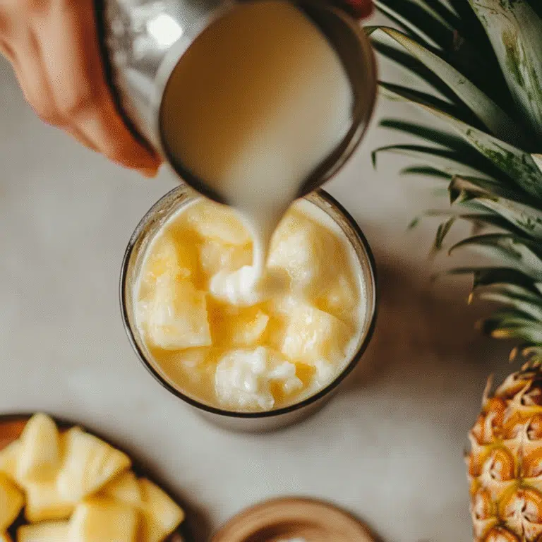 pouring pineapple juice and coconut milk into shaker