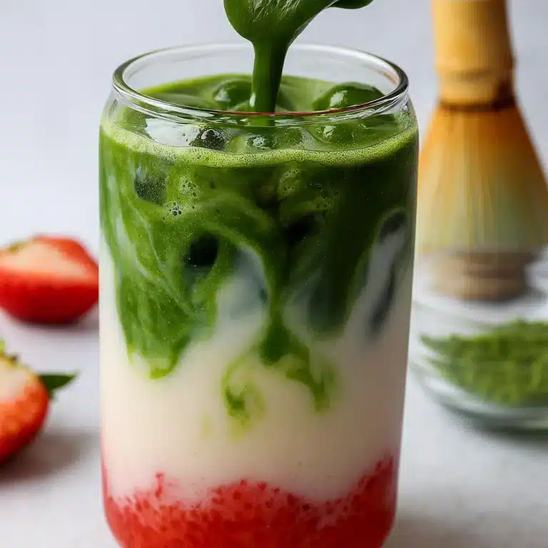 pouring-matcha-into-strawberry-latte-glass Pouring matcha into strawberry latte layered with oat milk and ice