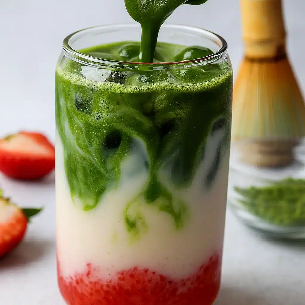 Home 4 Pouring matcha into strawberry latte layered with oat milk and ice