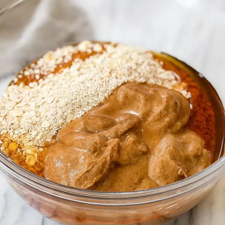 rolled-oats-peanut-butter-maple-syrup-cookie-mix Rolled oats, peanut butter, and maple syrup in a mixing bowl for no-bake cookies
