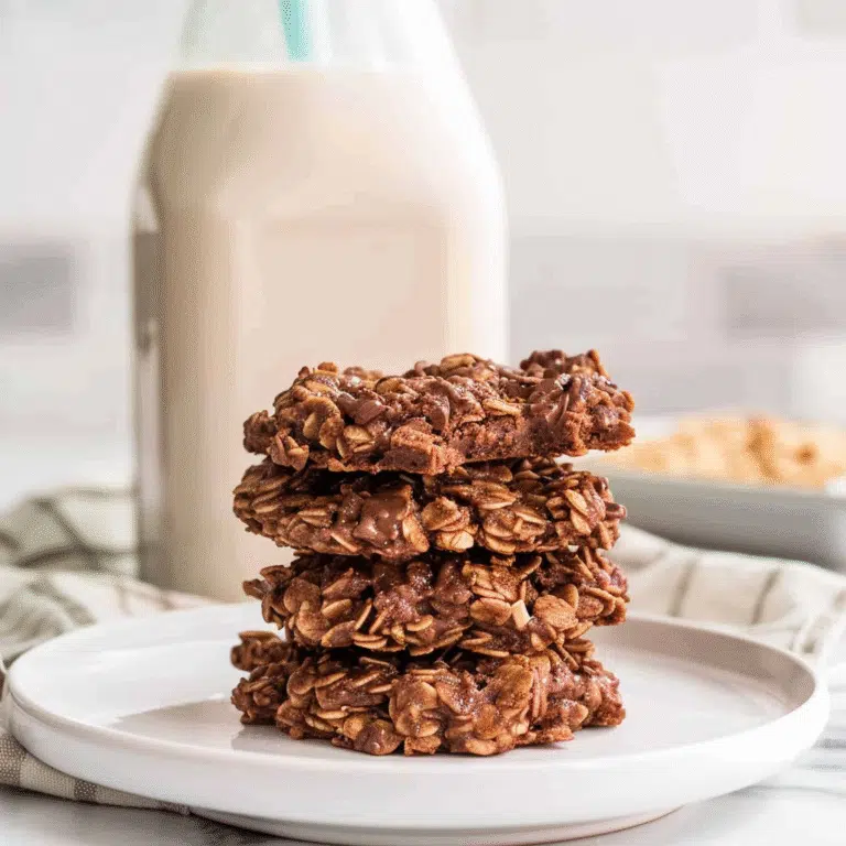 Stack of chocolate peanut butter no-bake cookies on a white plate with milk bottle in the background