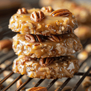 Stacked no bake praline pecan cookies with caramel glaze and whole pecans on cooling rack
