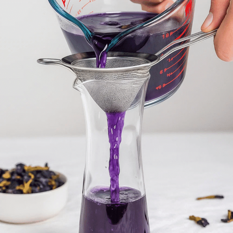 Straining freshly brewed Butterfly Pea Flower Tea into a carafe with dried flowers in the background