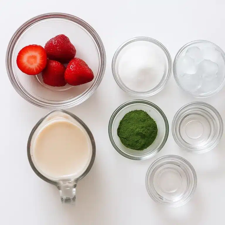 strawberry-matcha-latte-ingredients-flatlay Fresh ingredients for strawberry matcha latte including strawberries, matcha, oat milk, and sugar