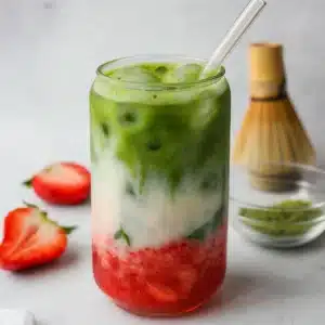 Strawberry Matcha Latte: A Refreshing Fusion You’ll Love 1 Strawberry Matcha Latte in glass with fresh strawberries and matcha powder