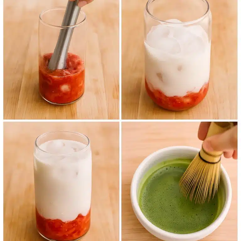 strawberry-matcha-latte-step-by-step-collage Step-by-step preparation of a strawberry matcha latte with strawberries, oat milk, and matcha