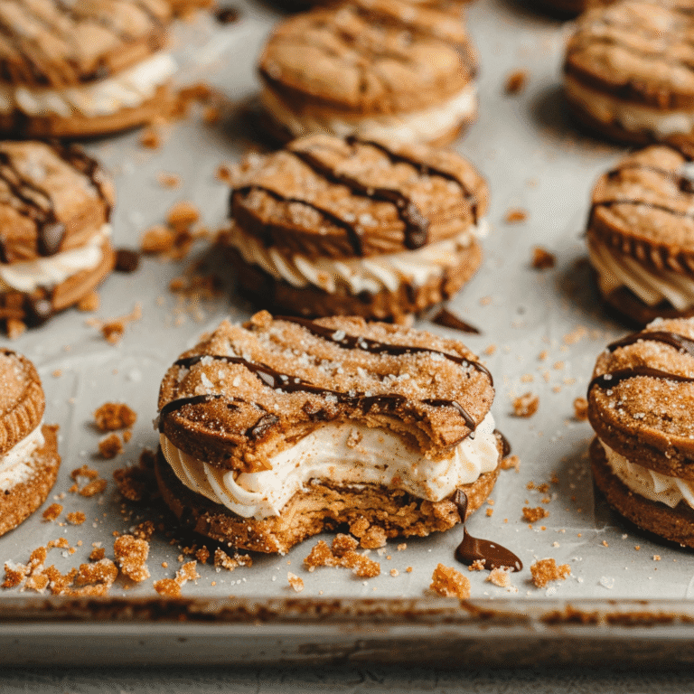 Bitten churro cheesecake cookie with creamy filling and chocolate drizzle on baking tray
