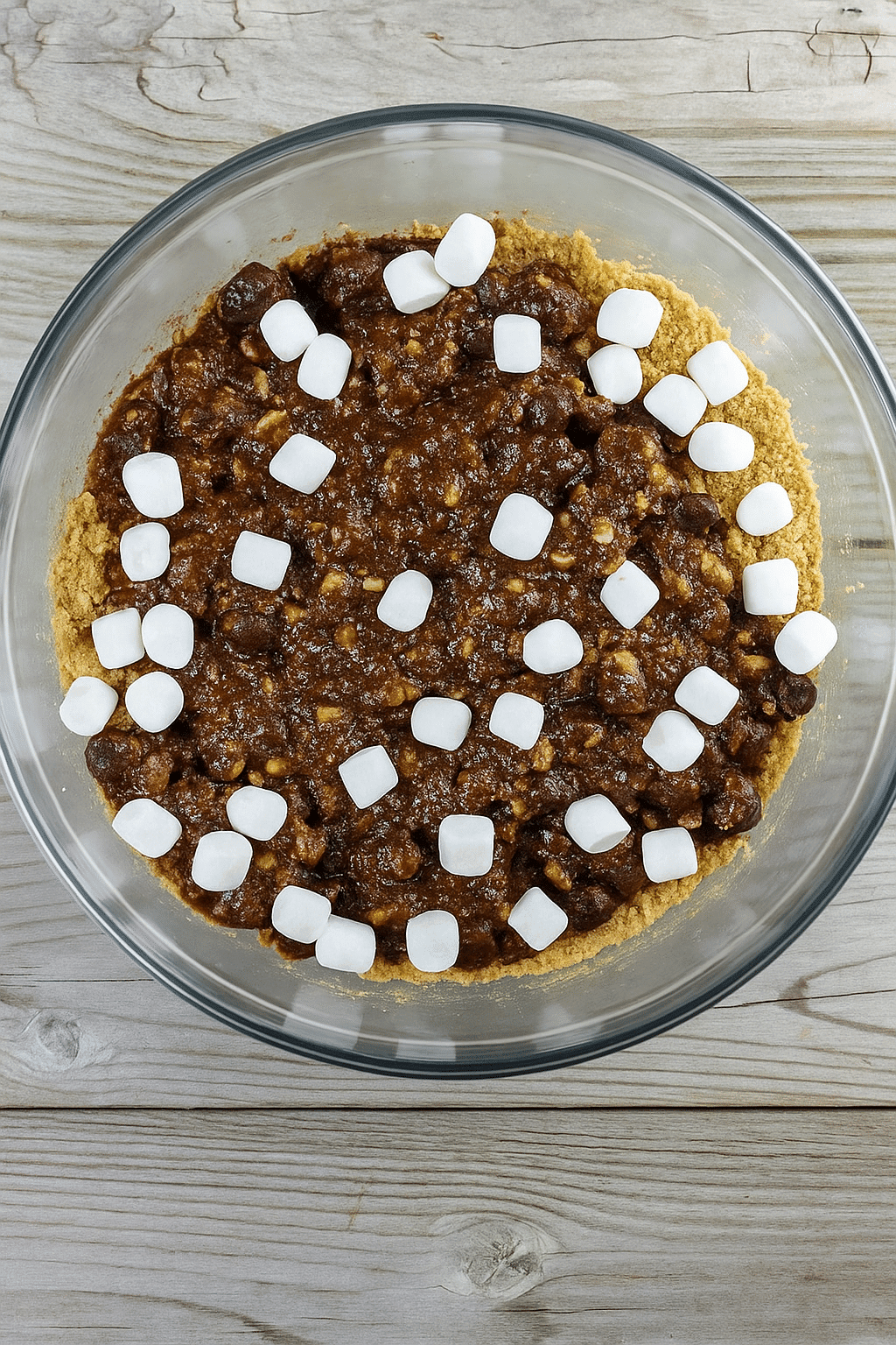 Chocolate marshmallow no-bake cookie mixture in bowl with mini marshmallows and graham cracker crumbs - recipe preparation photo