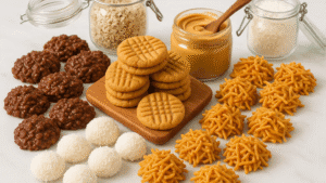 Classic no bake cookie recipes featured collection with peanut butter, chocolate, and coconut cookies - main recipe photo
