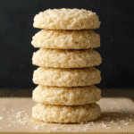 Coconut no-bake cookies stacked with shredded coconut and oats - homemade dessert recipe photo