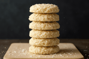 Coconut no-bake cookies stacked with shredded coconut and oats - homemade dessert recipe photo