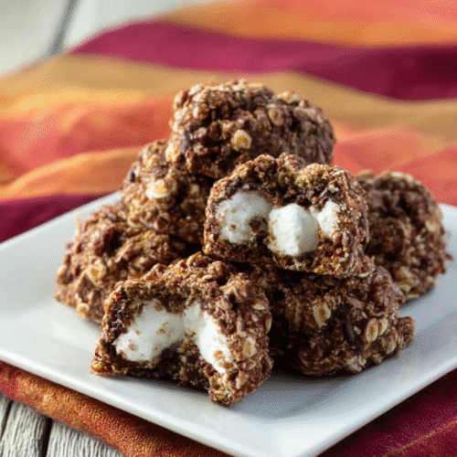 Easy chocolate marshmallow no-bake cookies cut in half showing white filling - loaded dessert recipe photo