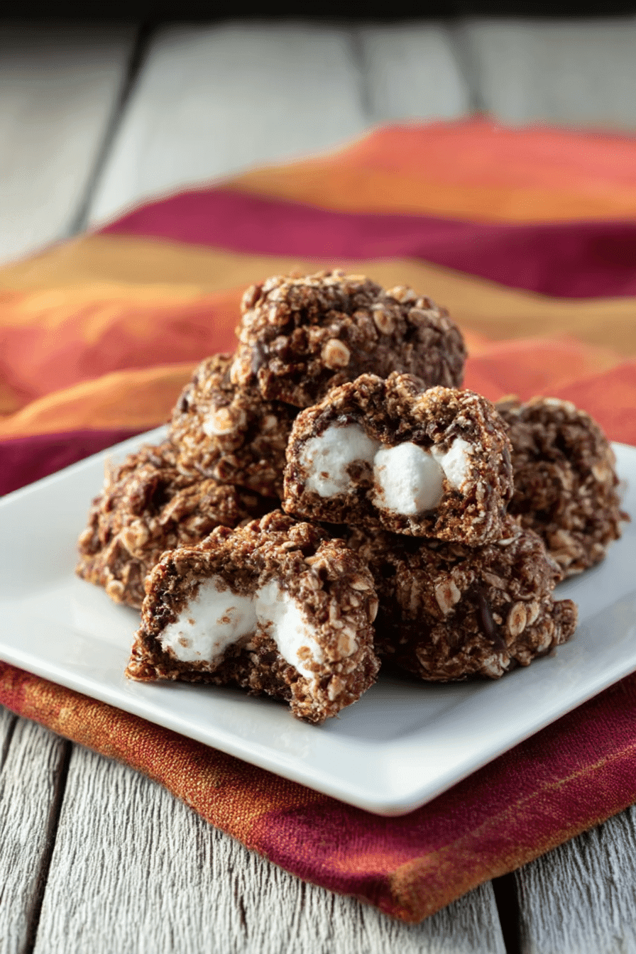 Easy chocolate marshmallow no-bake cookies cut in half showing white filling - loaded dessert recipe photo