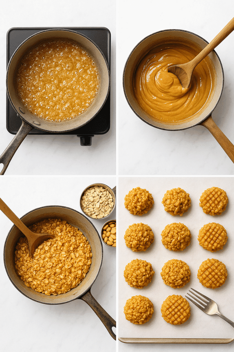 Step by step no bake peanut butter cookies tutorial with stovetop cooking method - recipe success guide photo