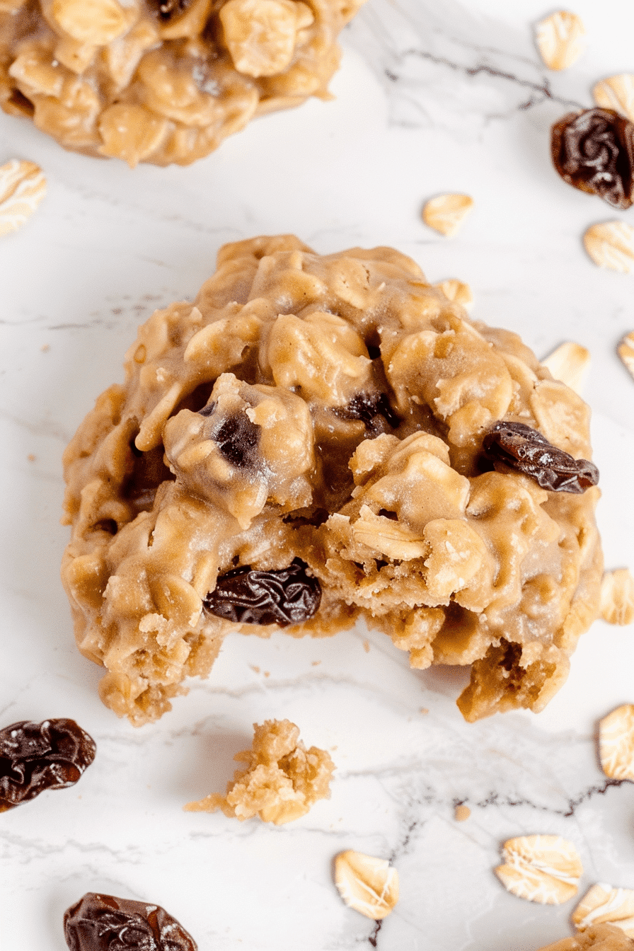 Partially eaten classic no bake cookie with raisins and oats on a white marble background.