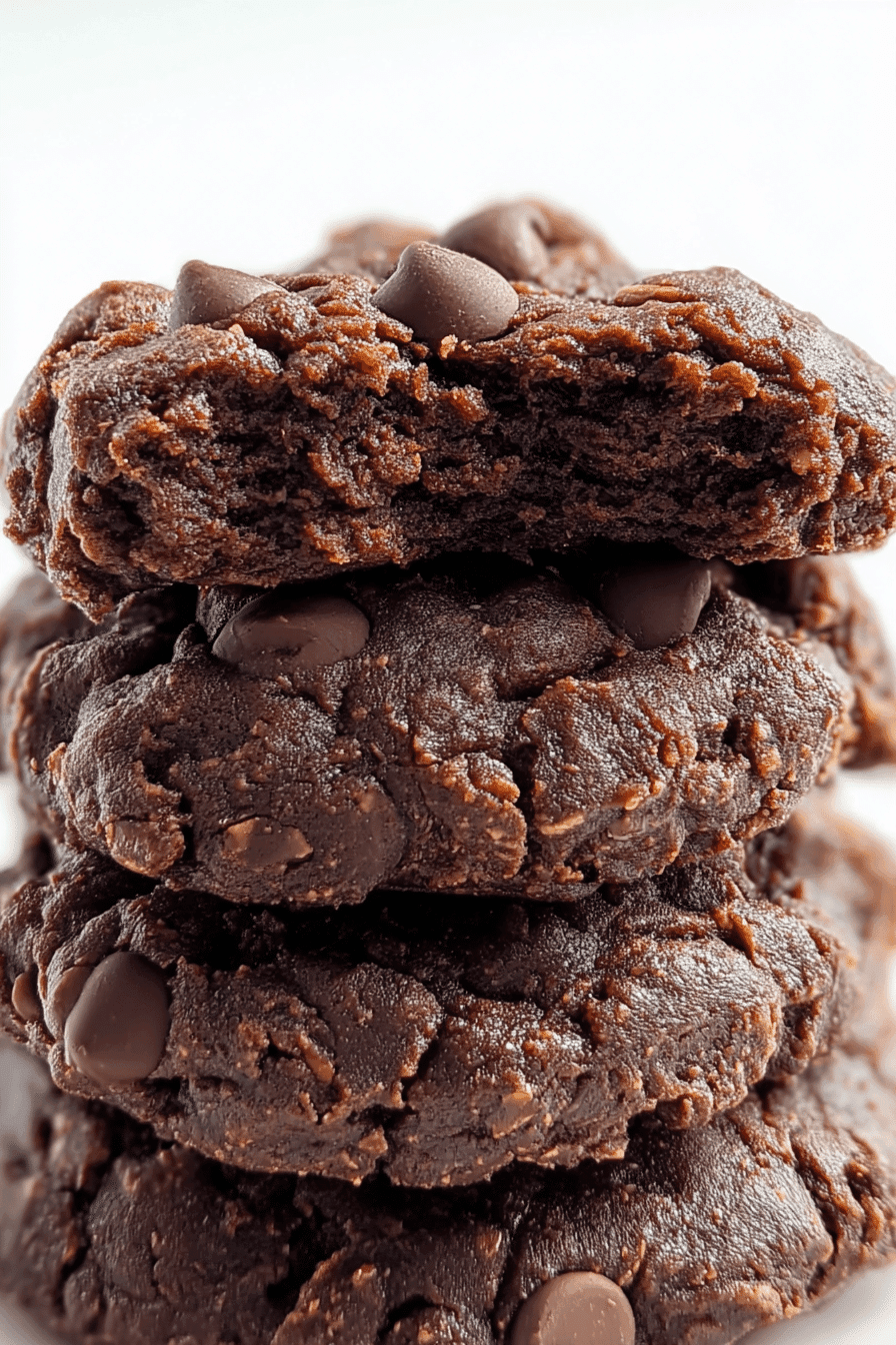 Extreme close-up of a bitten Double Chocolate No Bake Cookie stacked with visible fudgy center and chocolate chips.