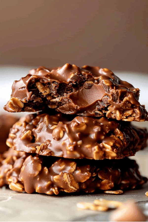 Bite taken out of chewy peanut butter chocolate no bake cookie