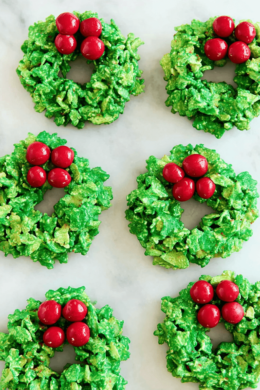 Bright green no-bake cornflake wreaths with red candy holly on marble surface