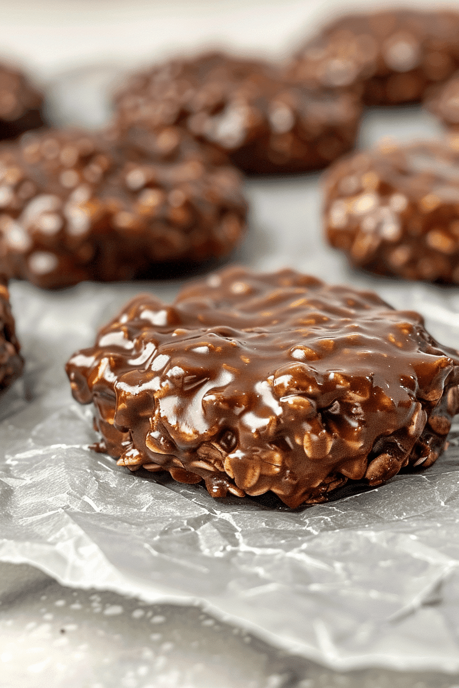 Close-up of chewy Back-to-School No Bake Cookies made with oats, cocoa, and peanut butter on parchment paper
